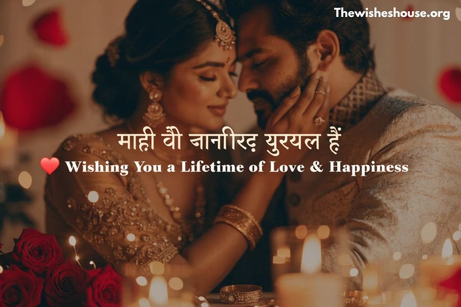 Marriage Anniversary Wishes in Hindi and English image featuring a romantic bilingual anniversary message with an Indian couple