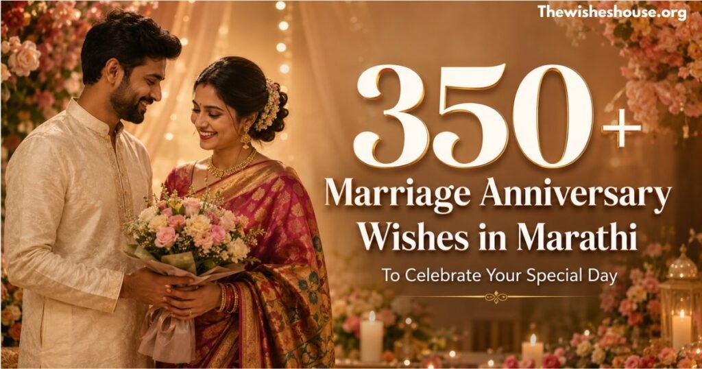 350+ Marriage Anniversary Wishes in Marathi feature image with a romantic Indian couple celebrating their anniversary