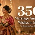 350+ Marriage Anniversary Wishes in Marathi feature image with a romantic Indian couple celebrating their anniversary
