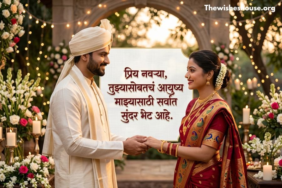 Marriage Anniversary Wishes in Marathi for Husband image showing a romantic Marathi wish with a happy Indian couple celebrating their anniversary.