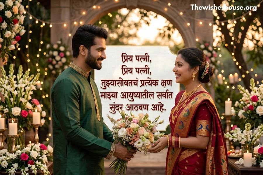 Marriage Anniversary Wishes in Marathi for Wife image featuring a romantic Marathi wish and a happy Indian couple celebrating their wedding anniversary.