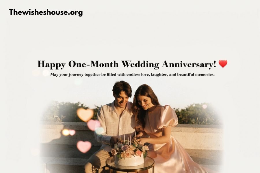One Month Wedding Anniversary Wishes for Couple image with a newly married couple celebrating their first month of marriage with a romantic anniversary message