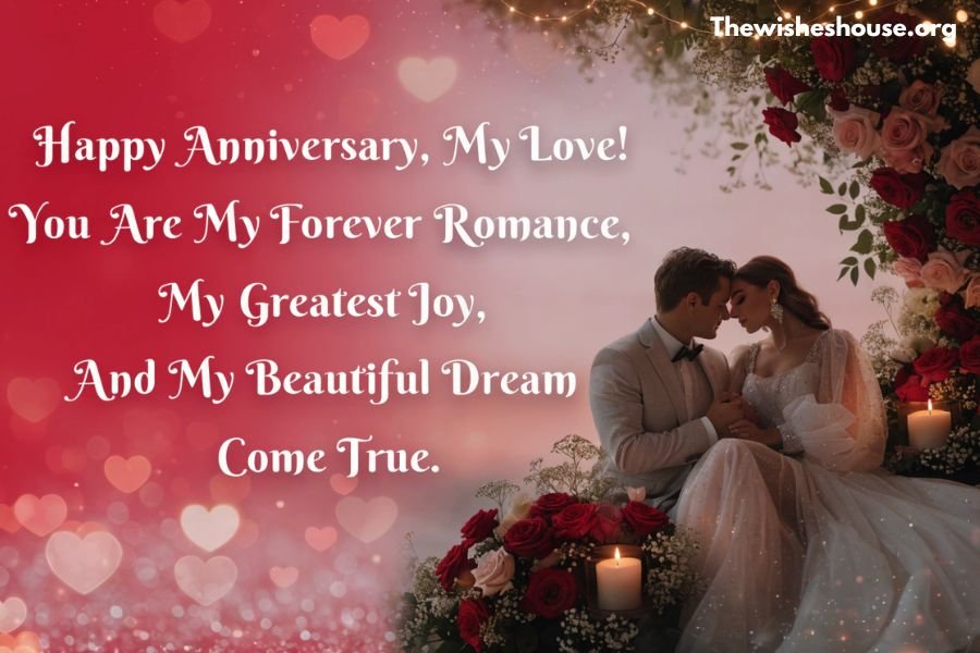 Romantic marriage anniversary wishes for wife with a loving anniversary quote and happy married couple.