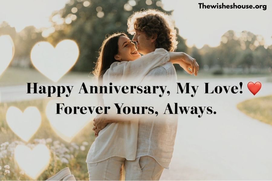 Short Anniversary Wishes for Husband image featuring a loving married couple with a short romantic anniversary message
