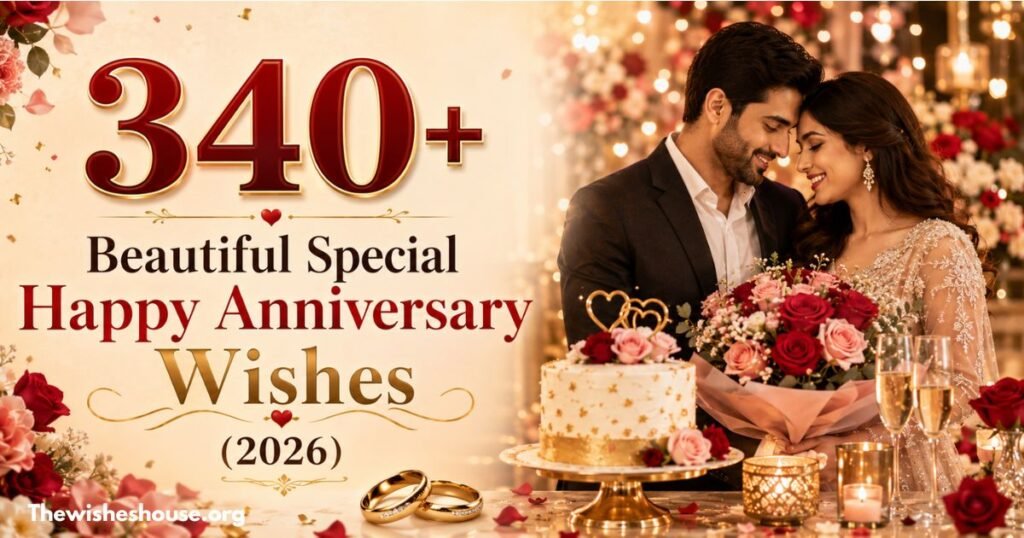 320+ Beautiful Special Happy Anniversary Wishes featuring a romantic couple celebrating with flowers, rings, and anniversary decorations