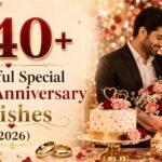 320+ Beautiful Special Happy Anniversary Wishes featuring a romantic couple celebrating with flowers, rings, and anniversary decorations