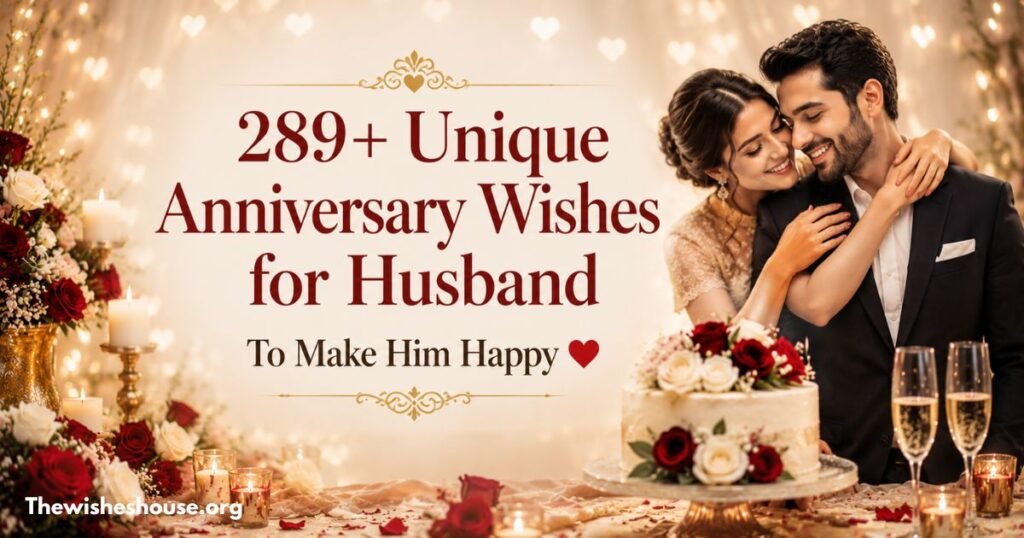 289+ Unique Anniversary Wishes for Husband to Make Him Happy featured image with a romantic anniversary couple