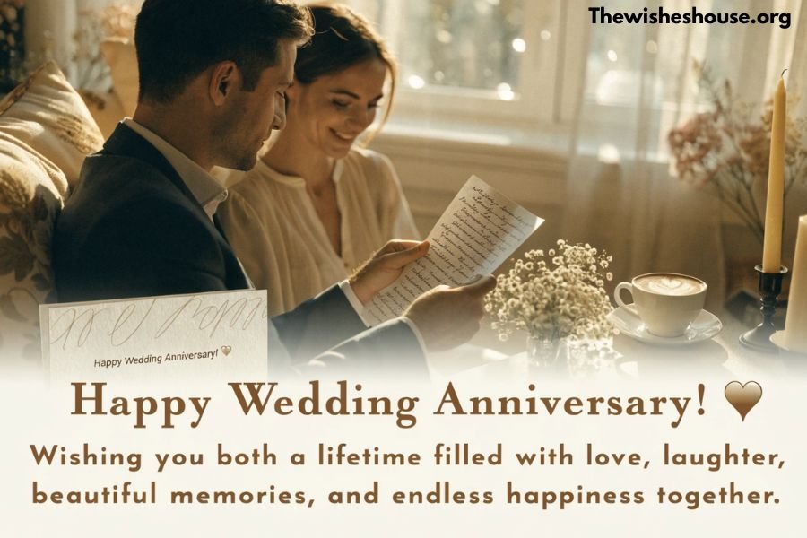 Wedding Anniversary Messages for Couple image featuring a happy married couple reading a heartfelt anniversary message together