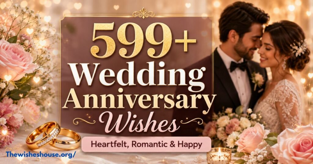 599+ Wedding Anniversary Wishes featuring a happy couple with heartfelt, romantic, and happy anniversary messages