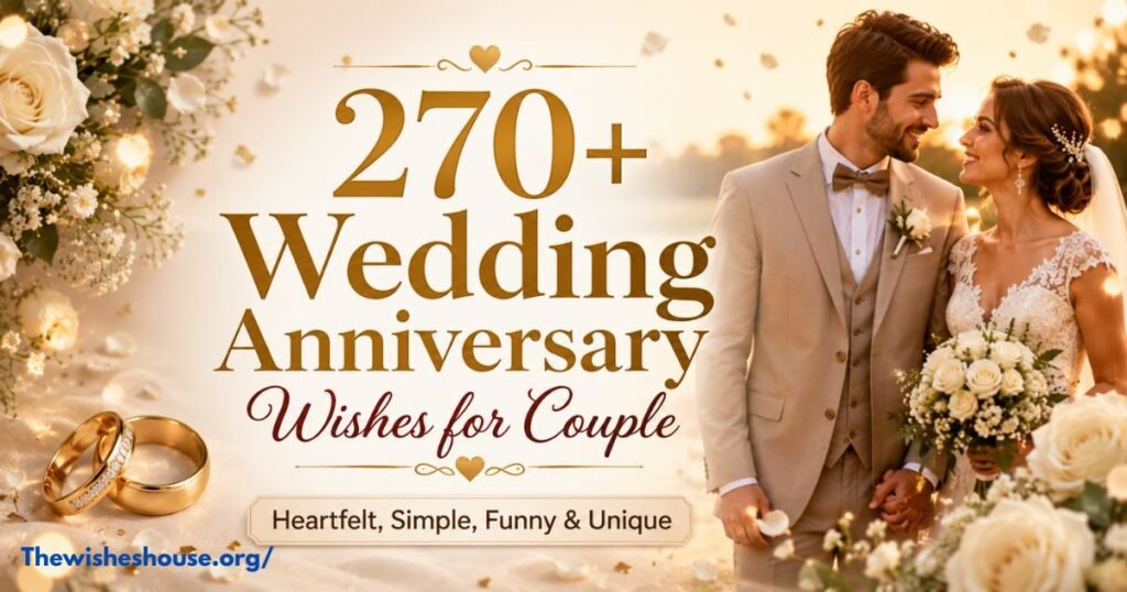 270+ Wedding Anniversary Wishes for Couple featuring a happy married couple celebrating their anniversary with love and joy