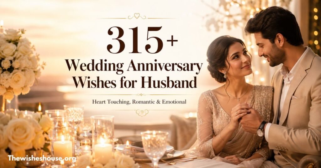 315+ Wedding Anniversary Wishes for Husband featuring a loving married couple celebrating their anniversary with romance and happiness