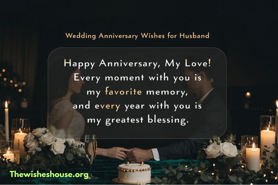 Wedding Anniversary Wishes for Husband Wedding anniversary wishes for husband image featuring a romantic couple with a heartfelt anniversary wish in bold elegant typography