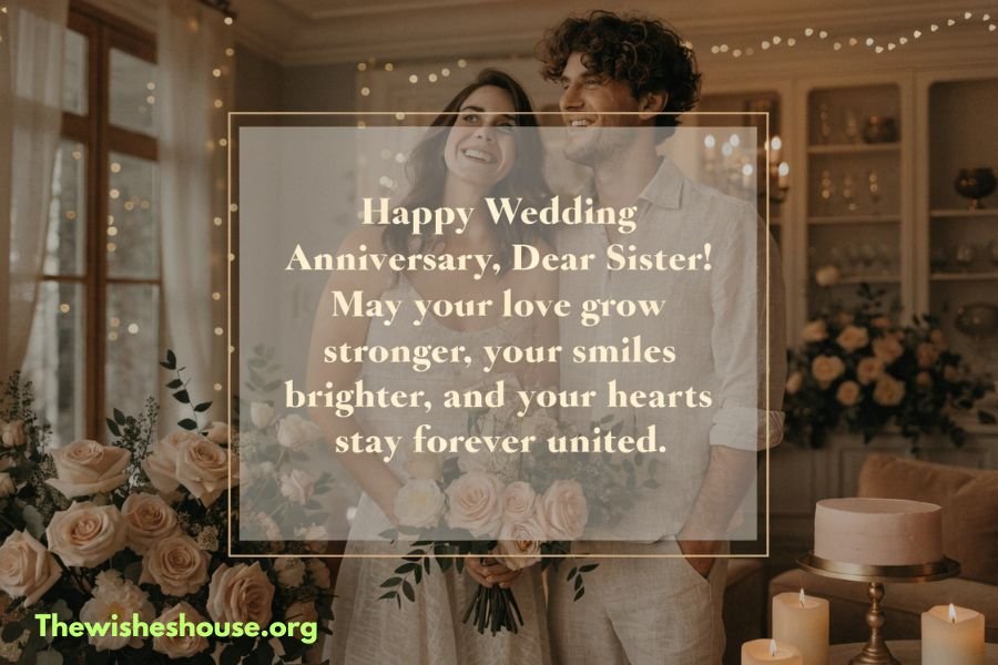 Wedding Anniversary Wishes for Sister Wedding anniversary wishes for sister image featuring a happy married couple with a heartfelt anniversary wish in elegant bold typography