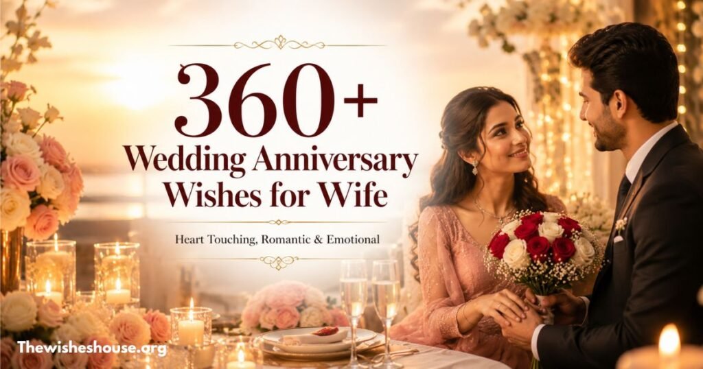 360+ Wedding Anniversary Wishes for Wife featuring a loving husband and wife celebrating their wedding anniversary with romance and happiness
