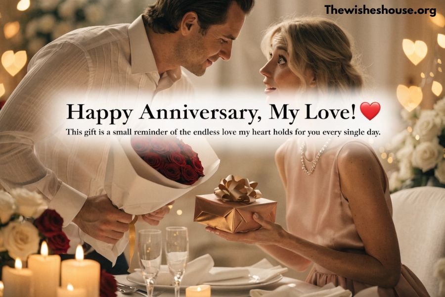 Wedding Anniversary Wishes for Wife Gift Wedding Anniversary Wishes for Wife Gift image featuring a husband giving an anniversary gift to his wife with a romantic message