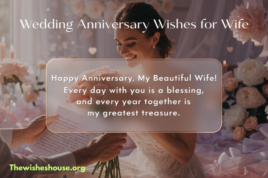 Wedding Anniversary Wishes for Wife Wedding anniversary wishes for wife image featuring a loving wife with a heartfelt anniversary message in bold elegant typography
