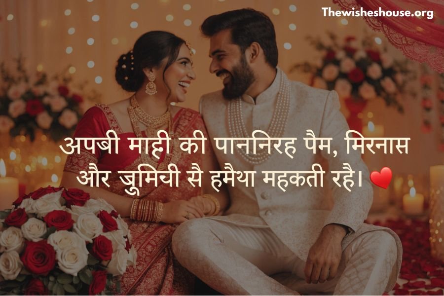 Wedding Anniversary Wishes in Hindi image with an Indian couple celebrating their wedding anniversary and a beautiful Hindi wish