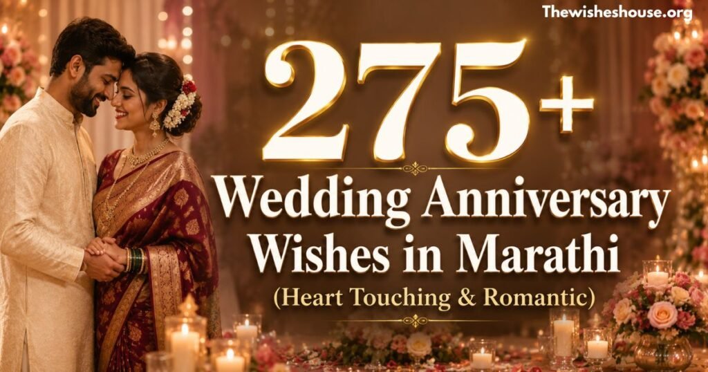 275+ Wedding Anniversary Wishes in Marathi feature image showing a romantic Indian couple celebrating their anniversary.