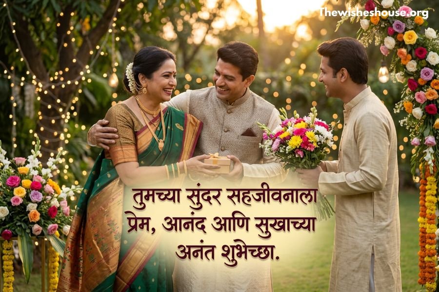 Wedding Anniversary Wishes in Marathi for Friend image featuring a heartfelt Marathi anniversary wish and a friend celebrating with a happy couple.